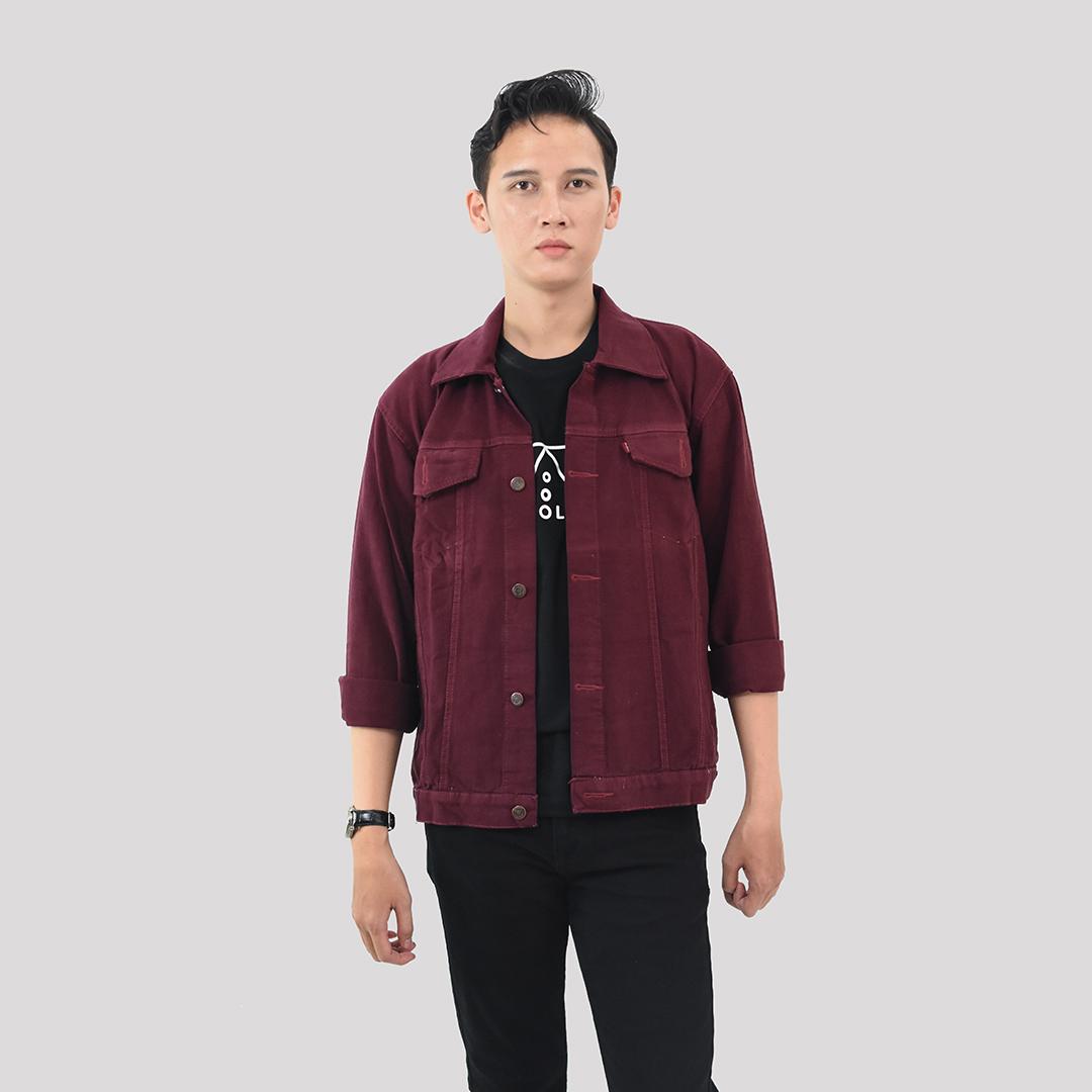 Emoline Jaket Jeans Pria Merah Maroon Maroon Denim 